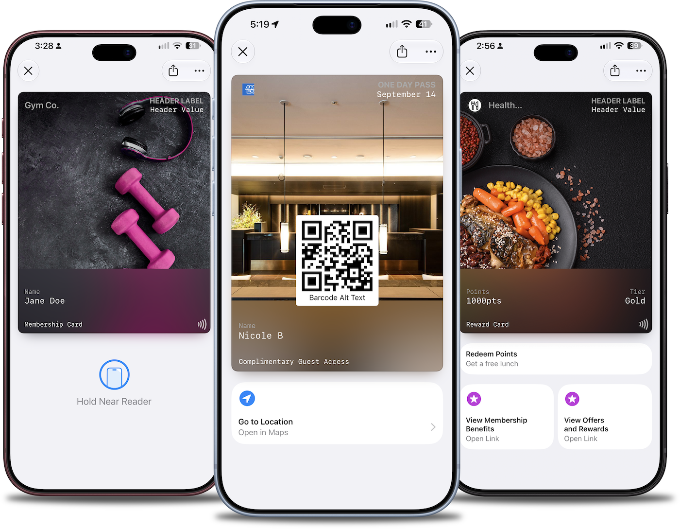 Three examples of Poster Generic passes: gym membership, hotel guest access, and rewards card with Featured Actions